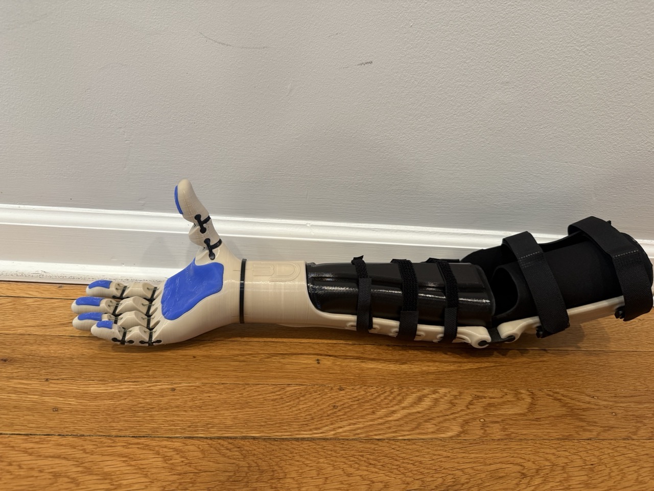 Full arm lying on floor, cream/blue side profile, thumb extended