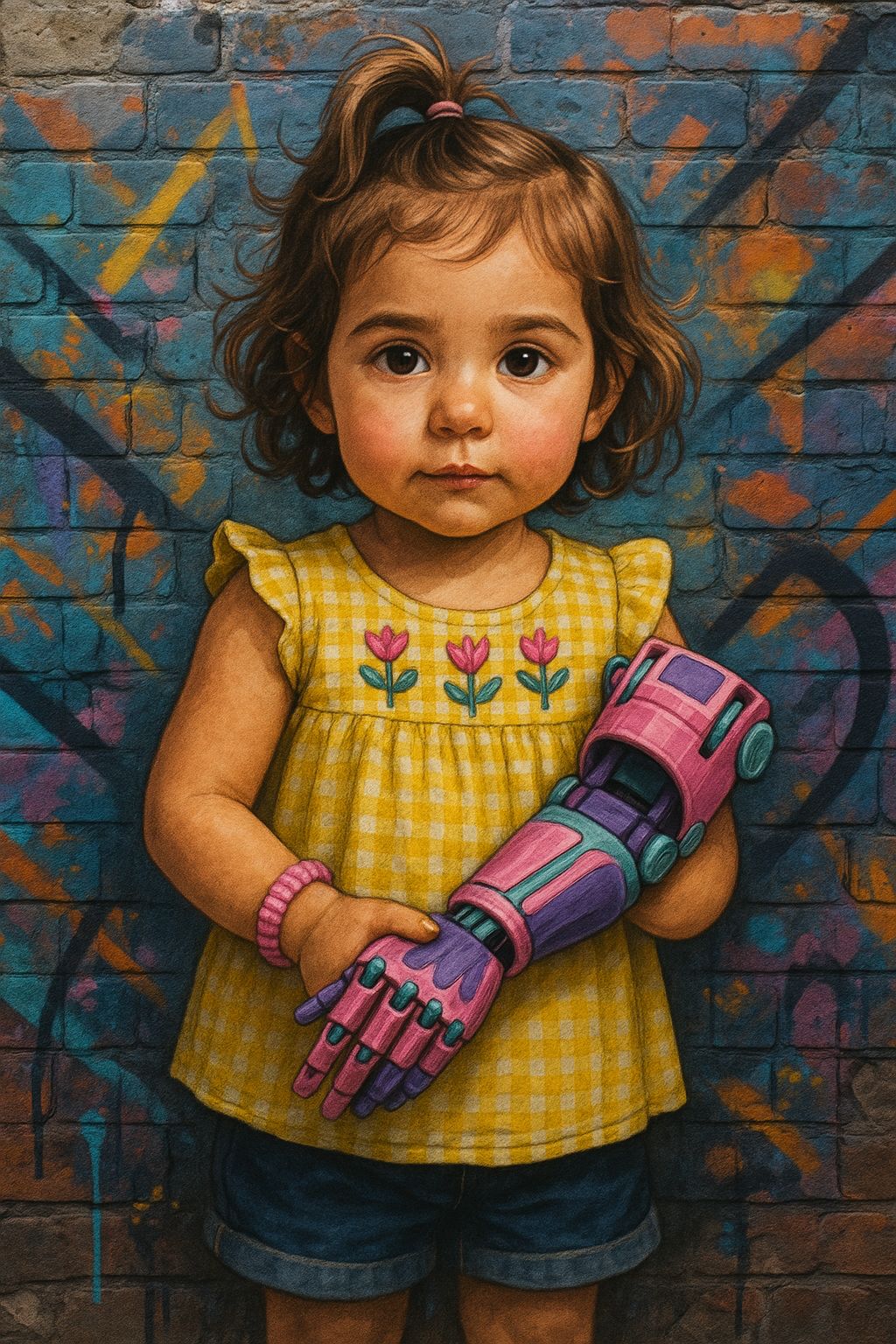 AI portrait of S. wearing a rose and teal prosthetic arm