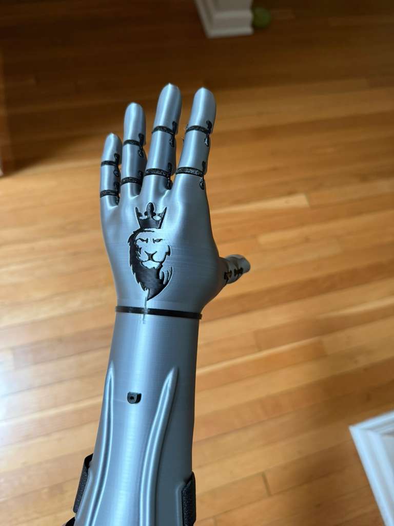 The finished Kinetic Arm held upright showing the lion and crown design on the palm