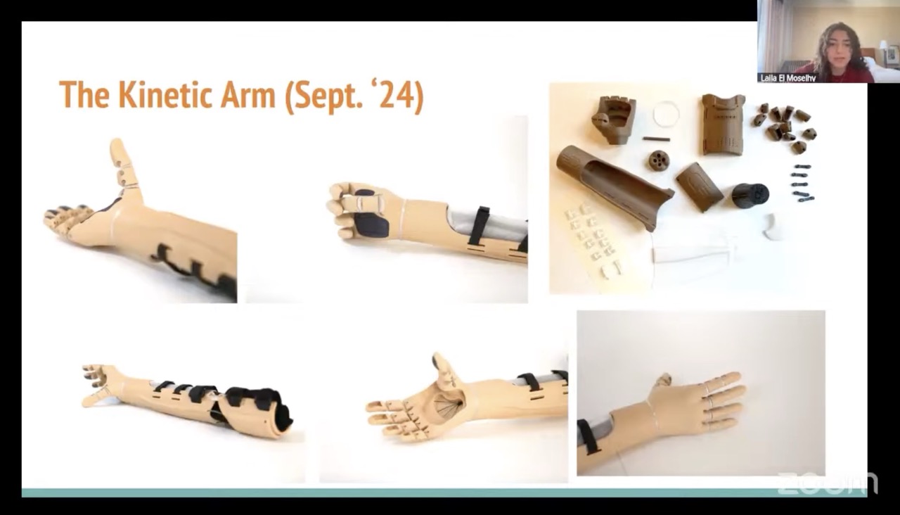 Laila presenting a slide about the Kinetic Arm at the e-NABLE Education meeting