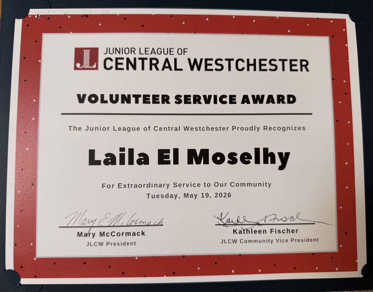 Junior League of Central Westchester Volunteer Service Award certificate presented to Laila El Moselhy for Extraordinary Service to Our Community, May 19, 2026
